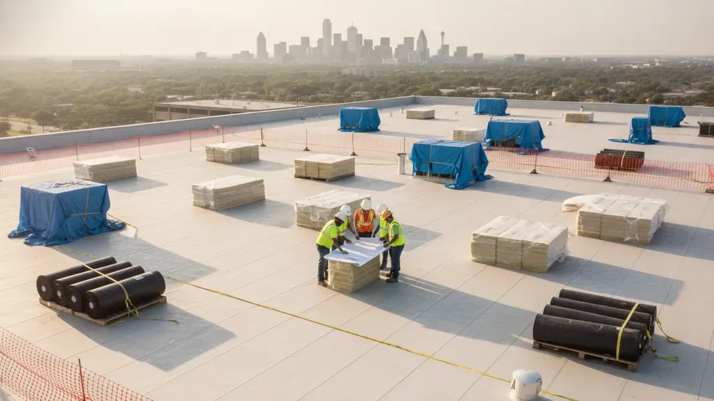 Commercial roof installation site preparation with staged materials and safety perimeter