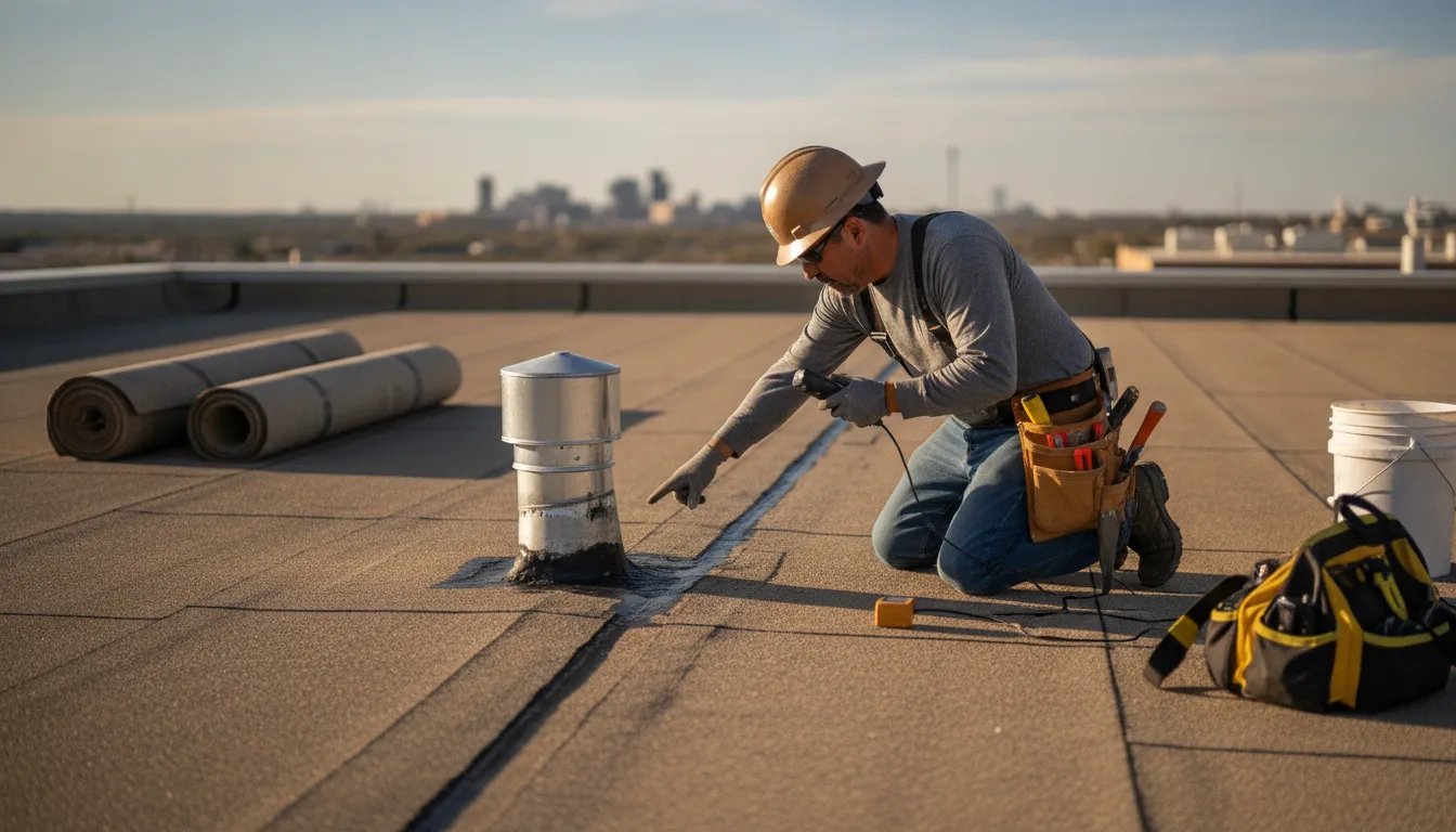 Roofing professional inspecting seams and flashing on a Texas commercial roof