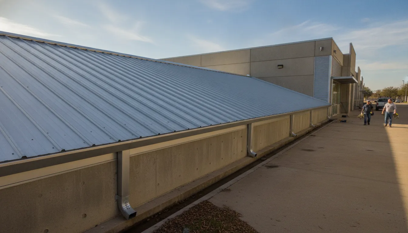 Clean commercial roof drainage details after professional maintenance in Texas
