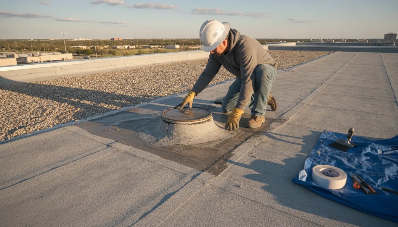A roofing technician checks the seal around a commercial roof drain next to a gravel-covered section