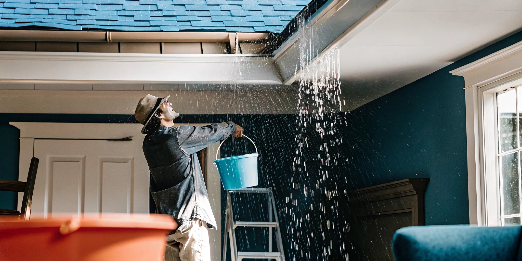 Homeowner containing water from an emergency roof leak