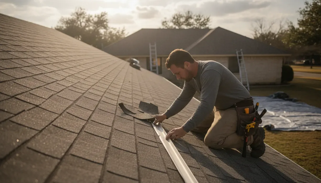 Roofing professional assessing lifted shingles and flashing after Texas wind damage