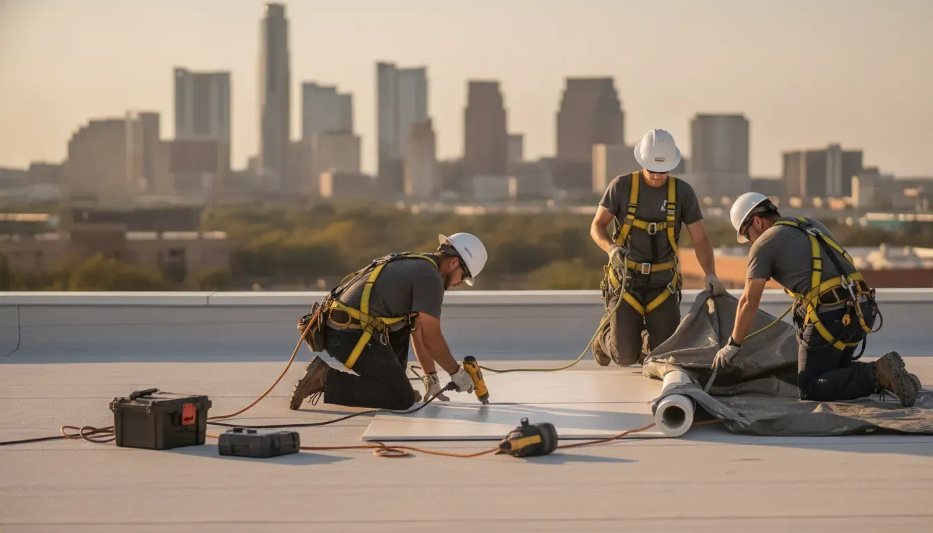 Commercial roofing crew performing emergency roof repair services on a Texas low slope roof