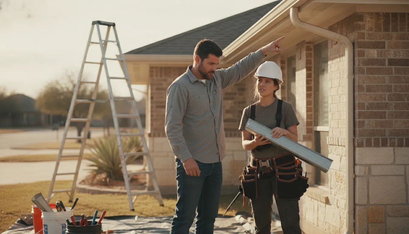 Homeowner and roofing professional discussing gutter installation beside a Texas home