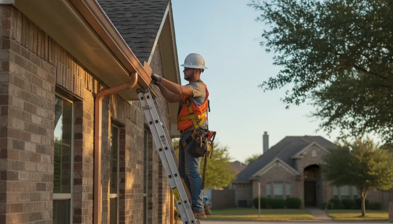 Professional inspecting residential gutters along a Texas roofline