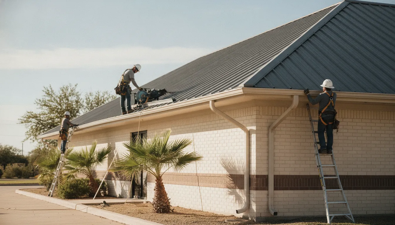 Roofing crew installing gutters on a Texas commercial building