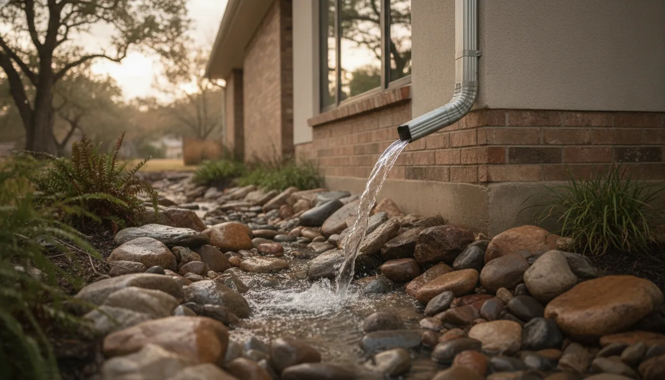 Residential downspout directing rainwater away from a Texas home