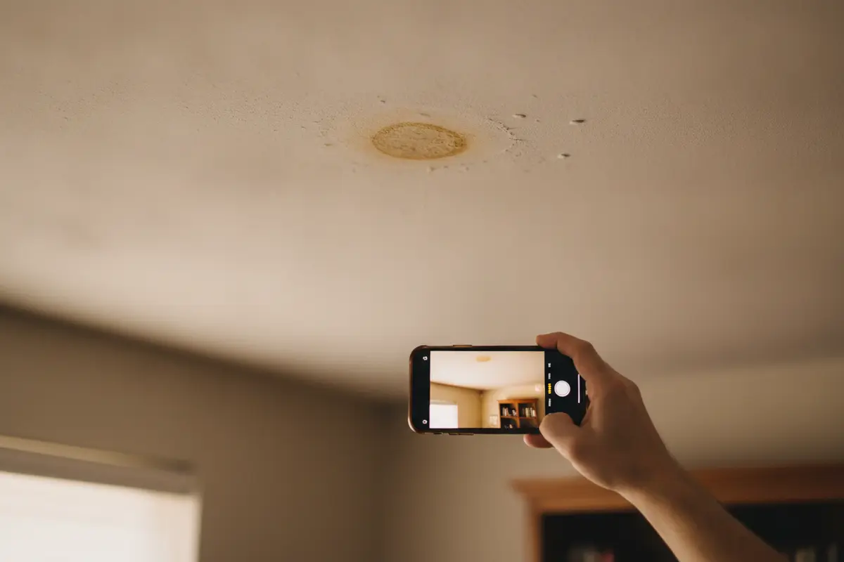 Homeowner documenting a ceiling stain beneath a possible roof leak