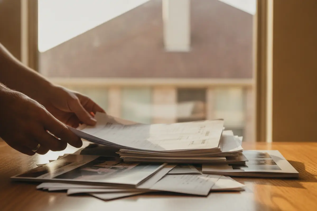 Homeowner organizing roof inspection photos and improvement documents for an insurer