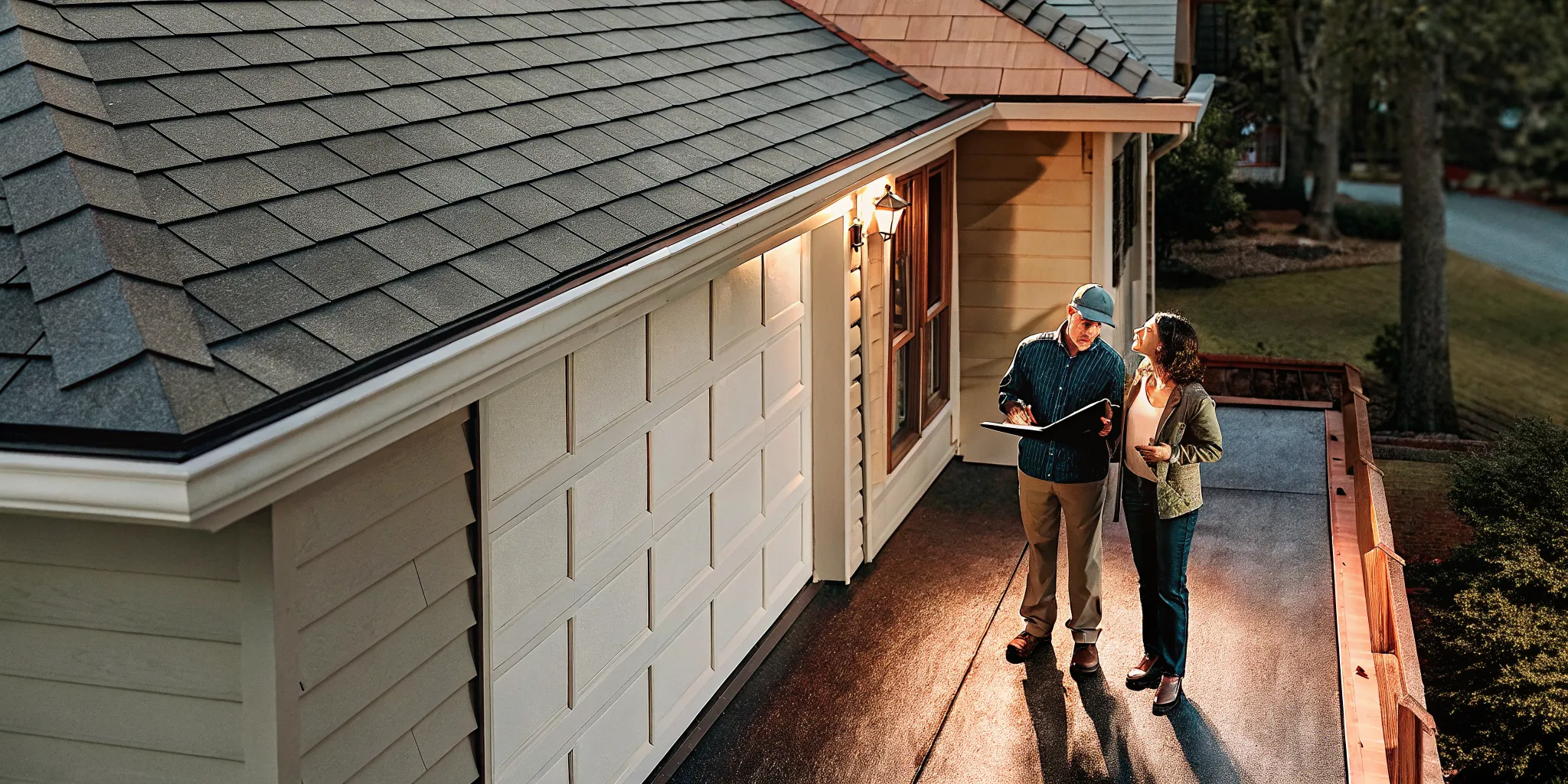 Texas homeowner and roofing contractor comparing estimates