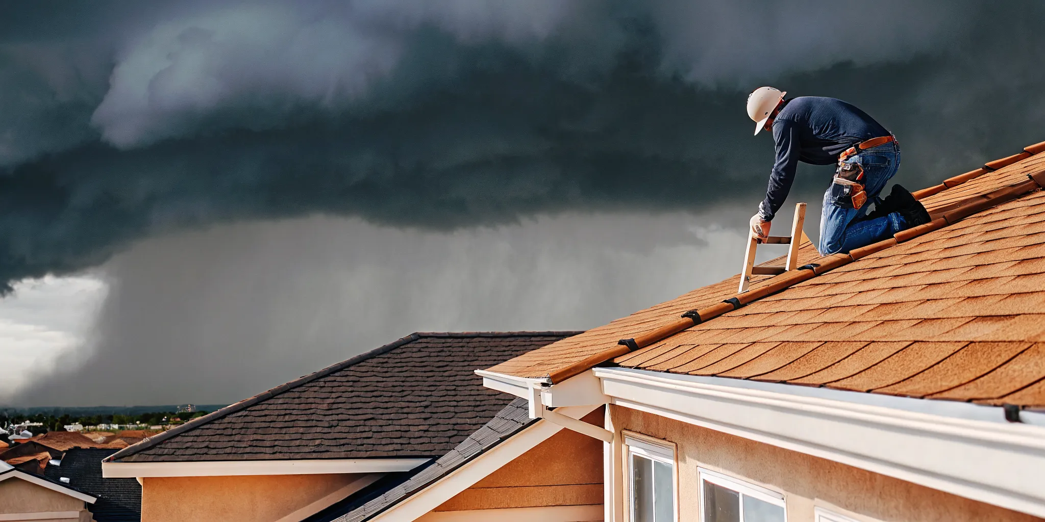 Roofing professional inspecting a Houston home before a hurricane