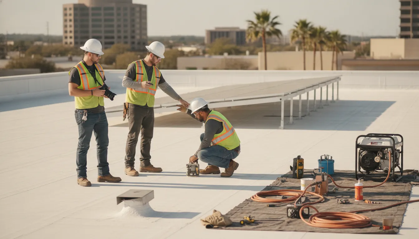 Roofing crew documenting a commercial roof assessment