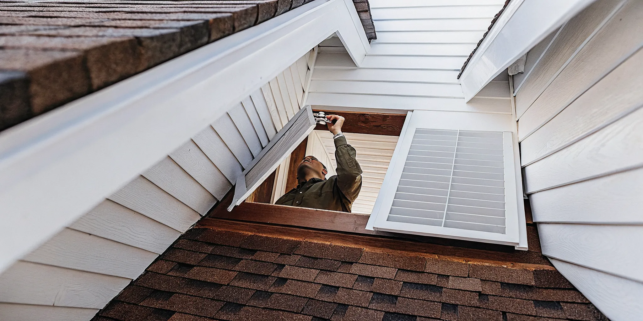 Roofing professional inspecting attic ventilation in a Texas home