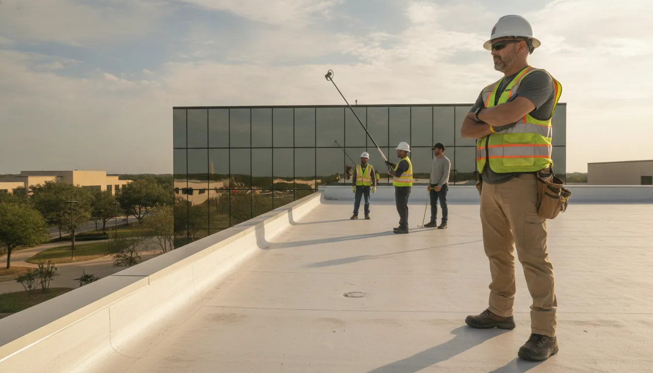 Commercial roofing professional assessing a Texas building after hail