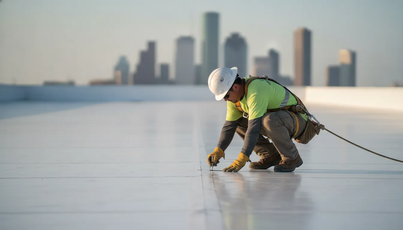 Commercial roofer assessing a low-slope roofing system in Texas