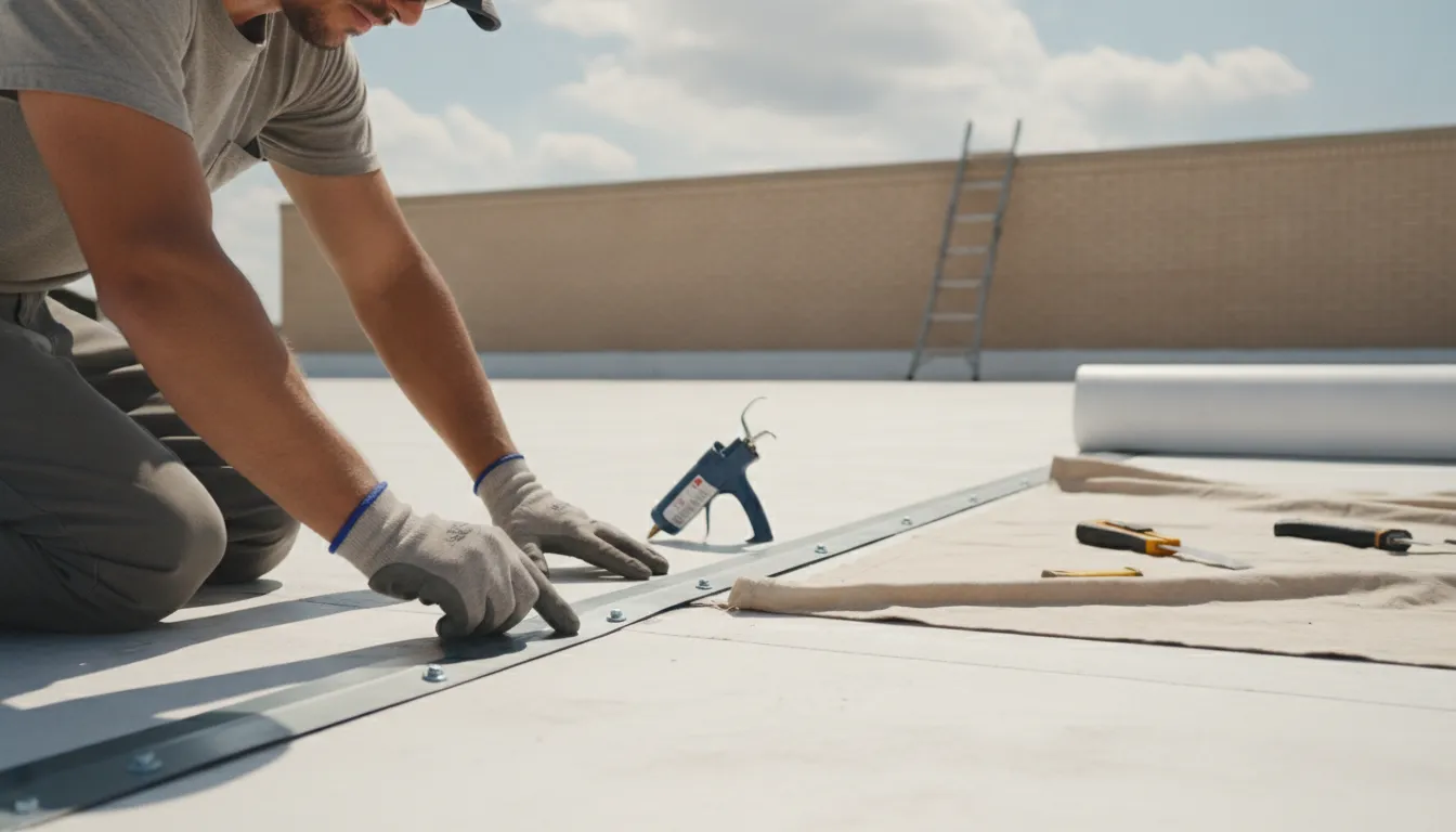 Roofing professional inspecting a flat roof membrane and drainage area