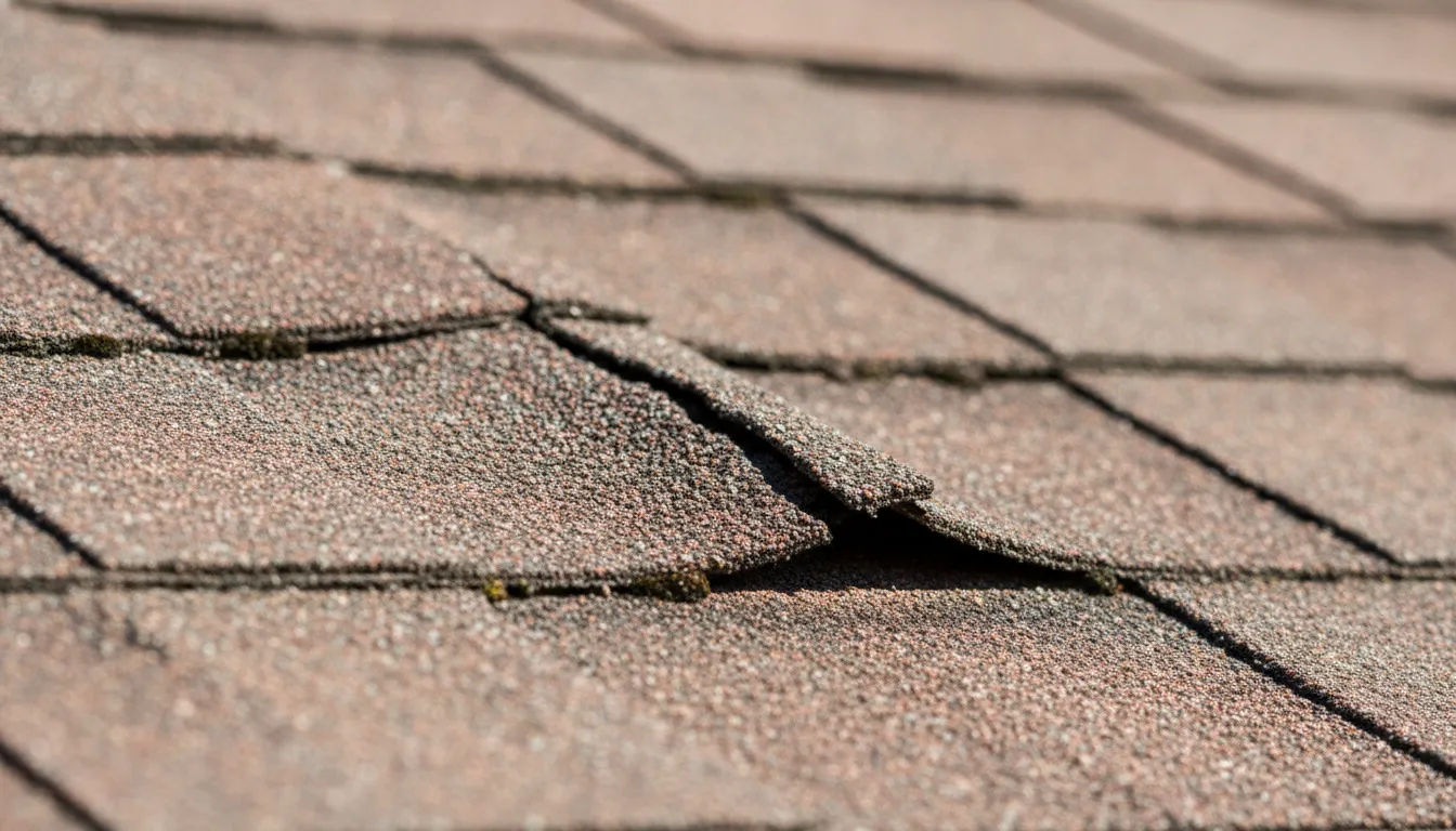Close-up of a cracked weathered asphalt shingle after hail impact