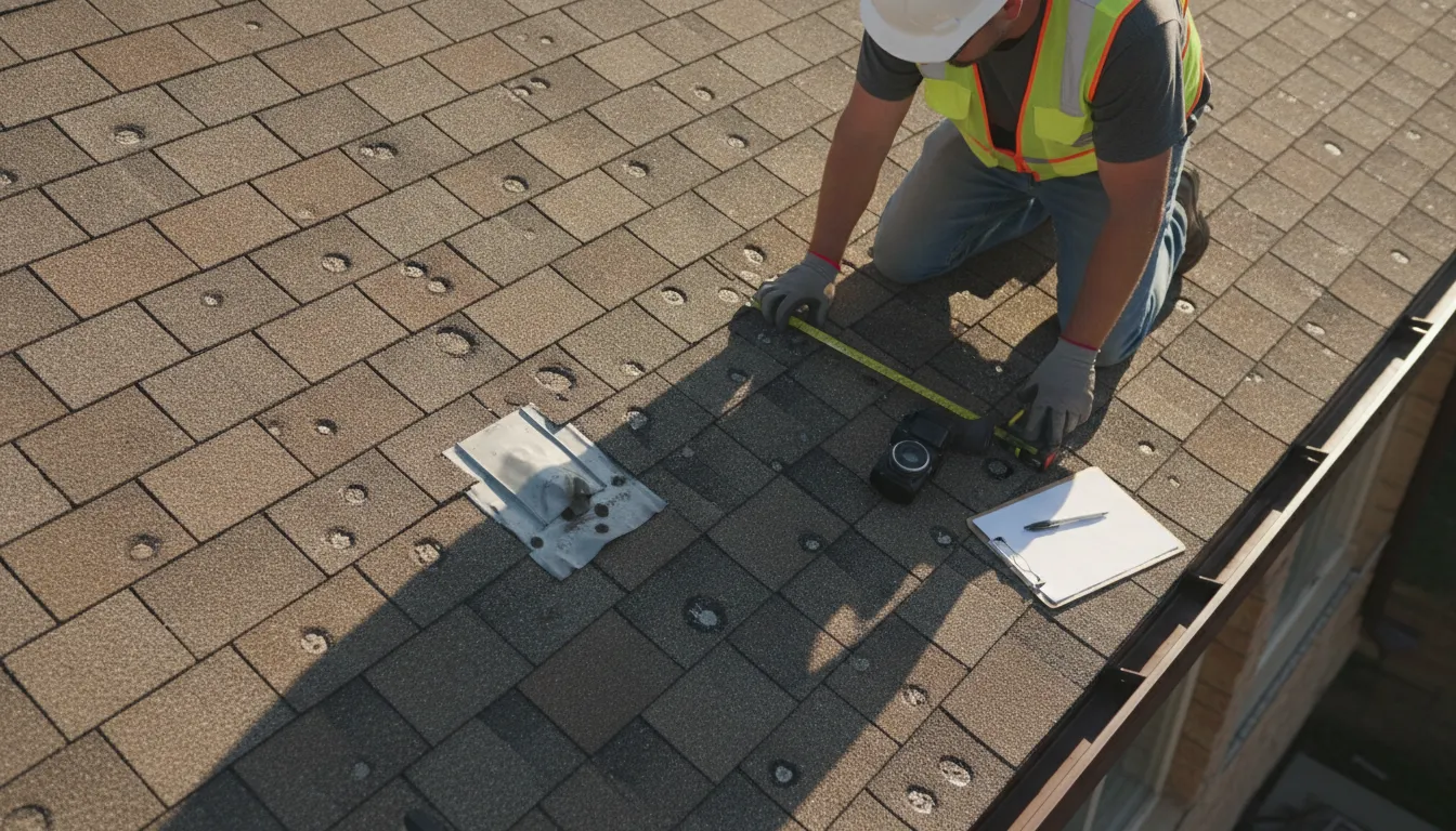 Roof shingles and flashing showing storm damage during a professional inspection