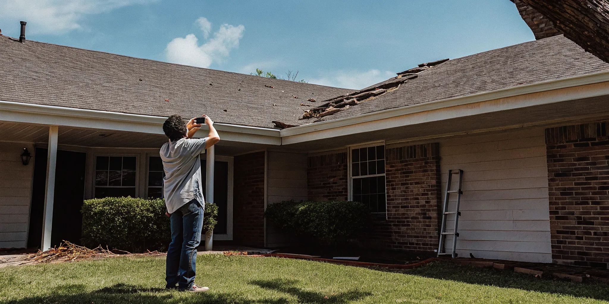 Homeowner documenting roof damage safely from the ground after a storm