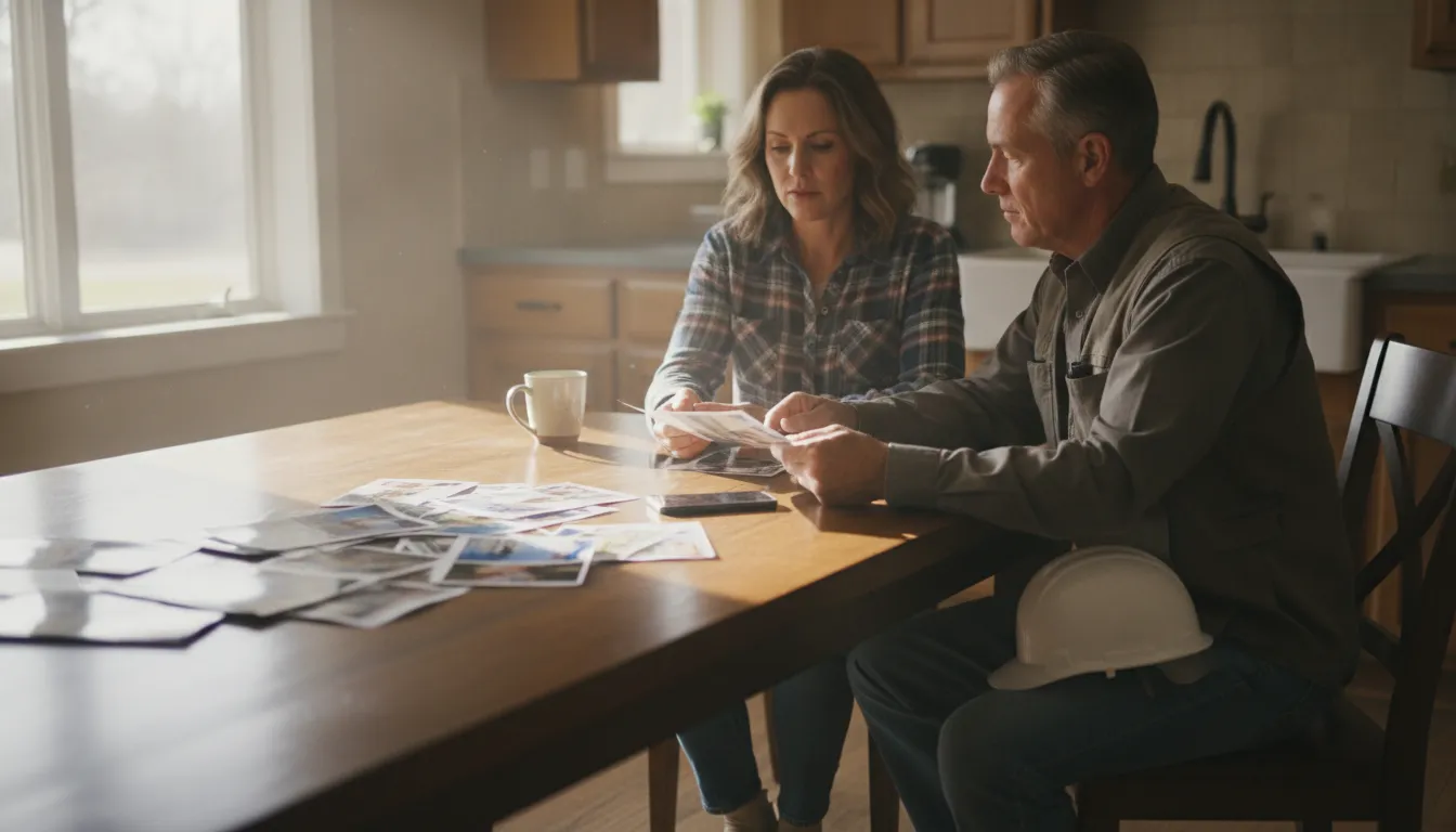 Homeowner organizing storm damage photos and insurance documents