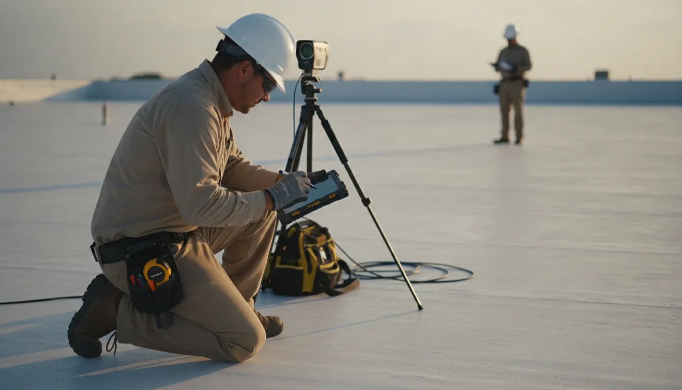 Roofing professional documenting a commercial roof condition