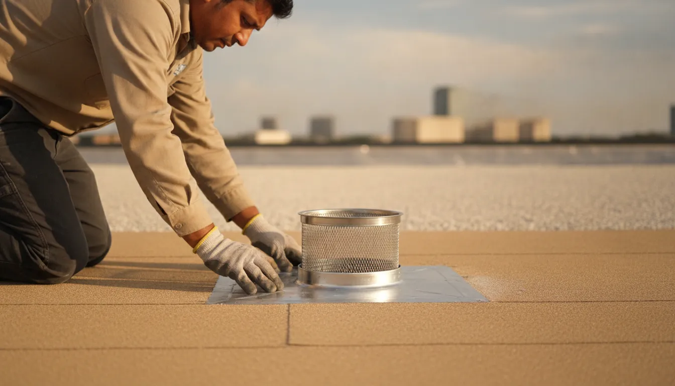 Commercial roof professional inspecting a roof drain and flashing