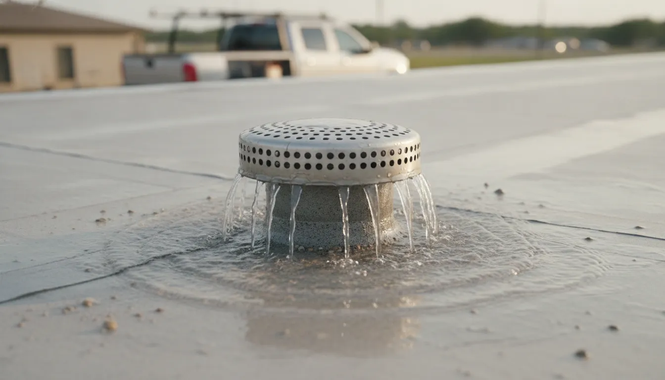 Commercial roof drain and protective strainer guiding rainwater toward an outlet