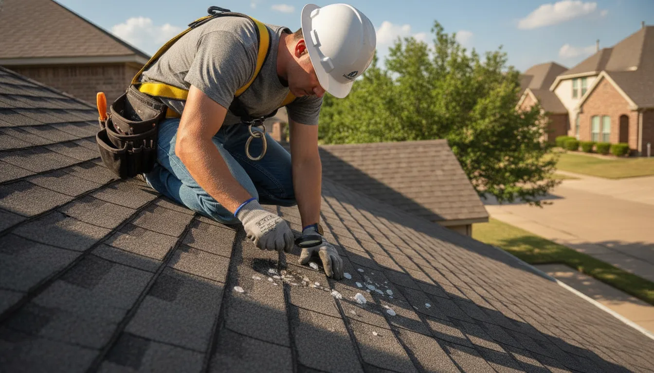 Roofing professional checking hail impact on Texas shingles