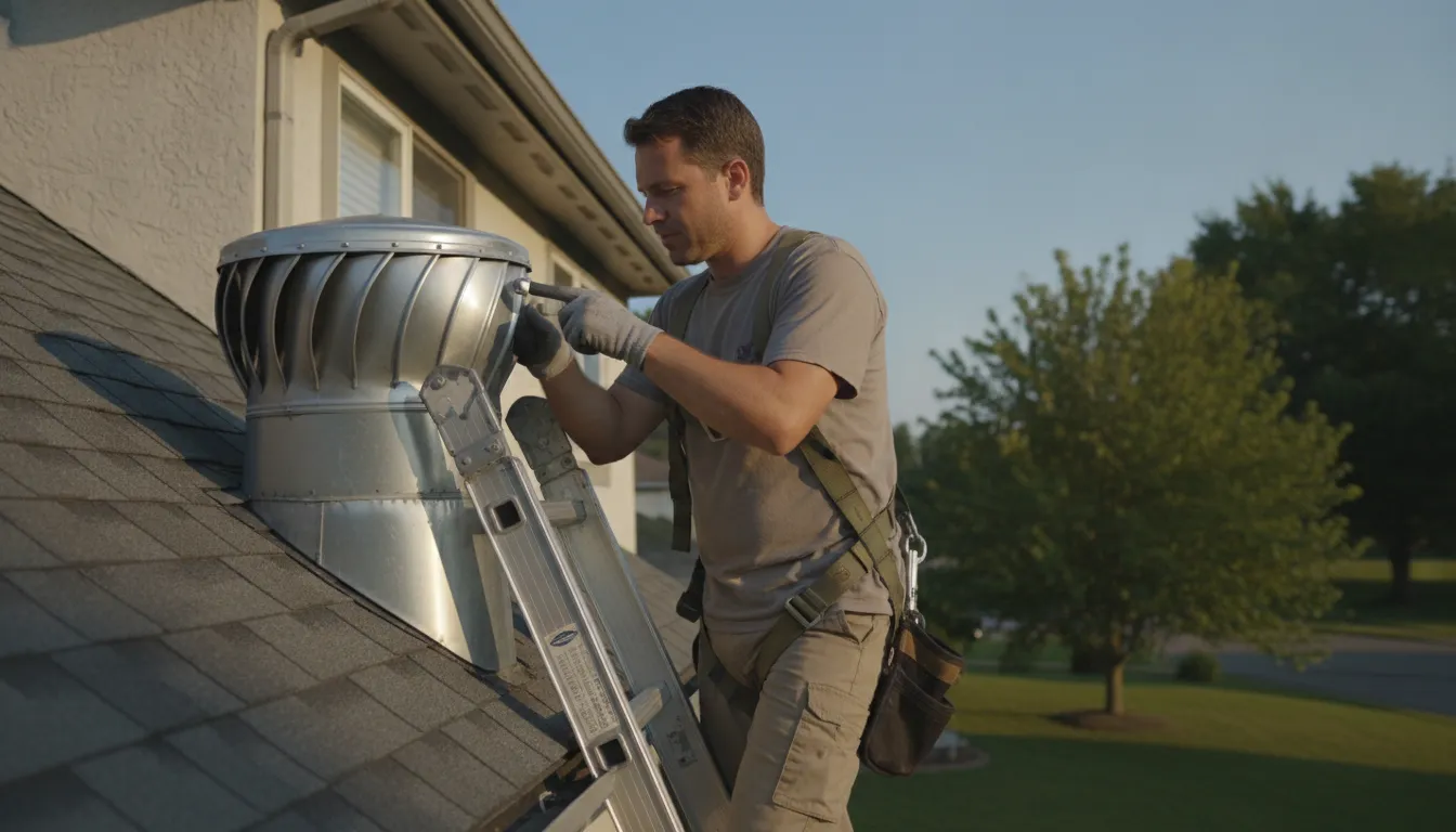 Roof inspector on a ladder examining a rooftop metal vent for hail dents
