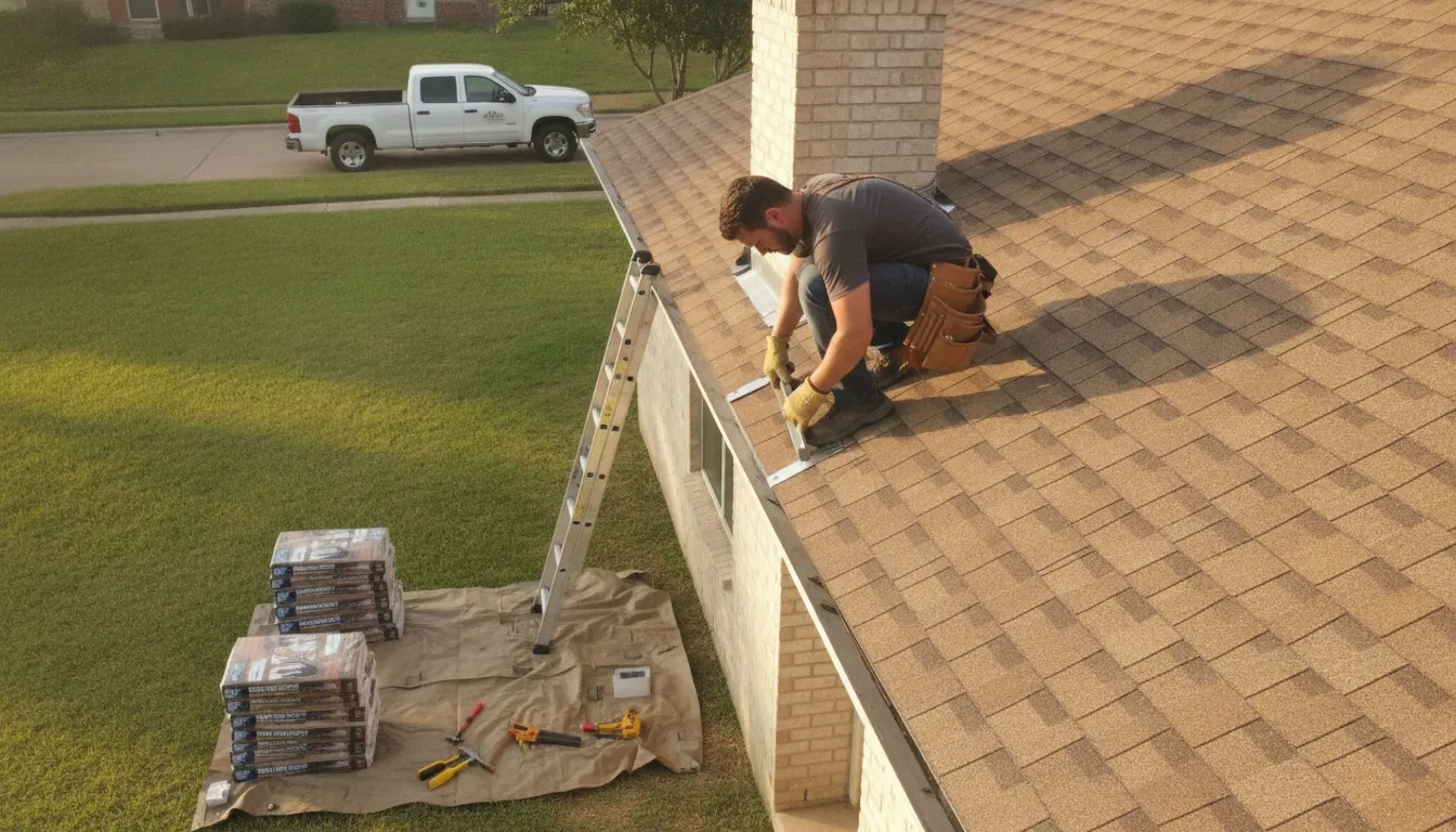 Roofing professional inspecting a Texas home roof edge