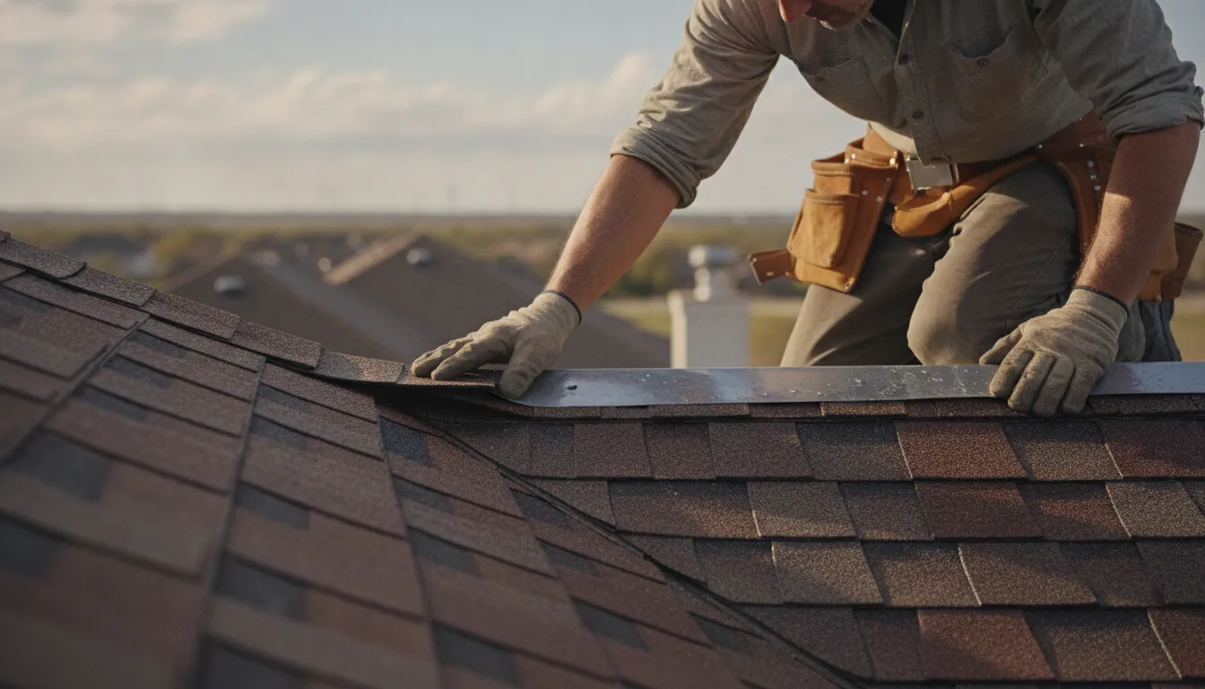 Roofing professional inspecting a roof for possible storm damage