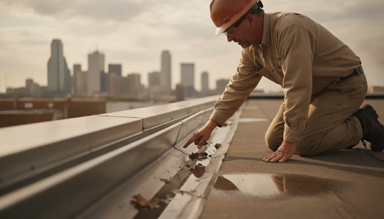 Roofing professional inspecting a low-slope roof drainage path after a storm