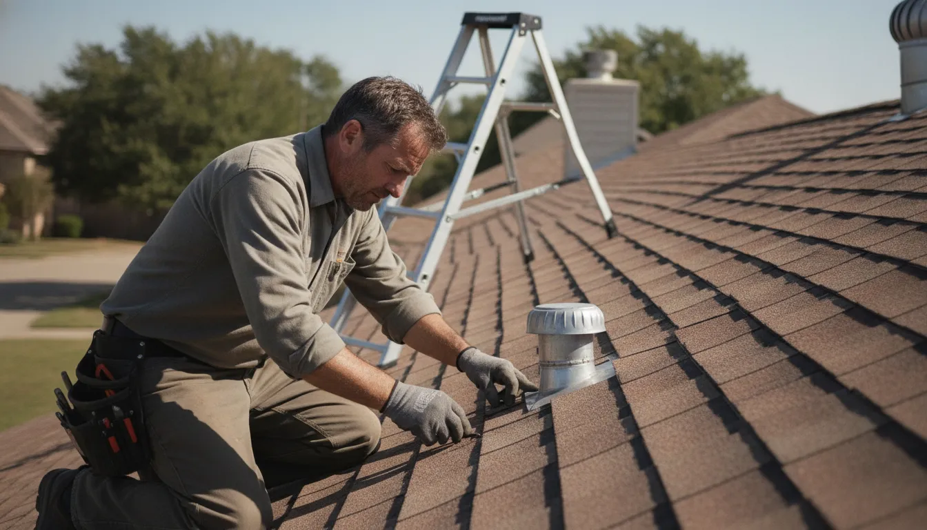 Roofing professional inspecting a Texas home roof