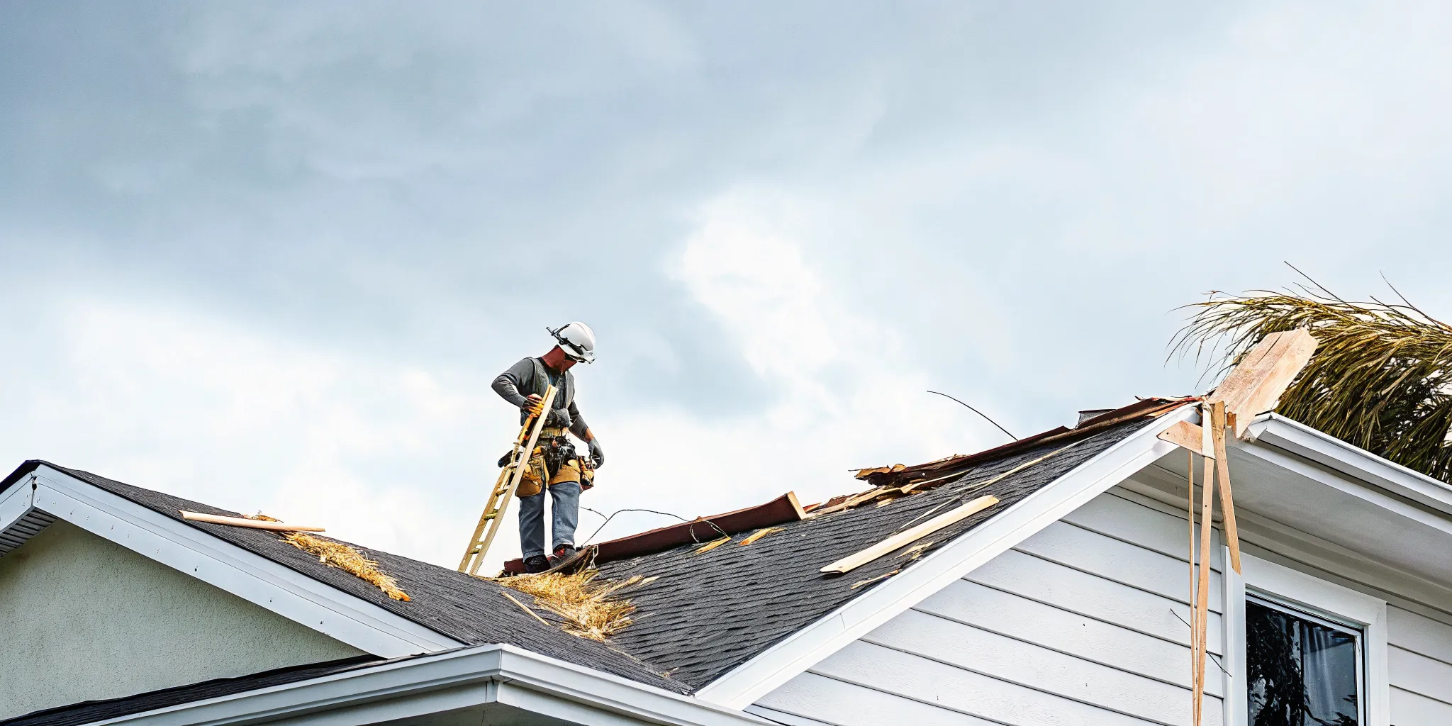 Professional roofer inspecting storm damage after an emergency roof leak