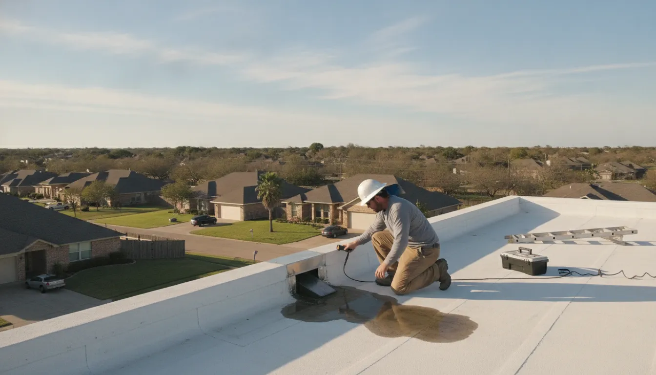 Roofing professional inspecting a flat roof membrane and drainage area