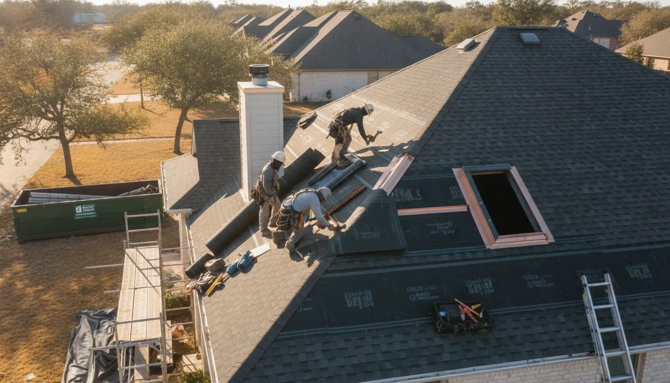 Roofing crew installing underlayment and flashing on a Texas home