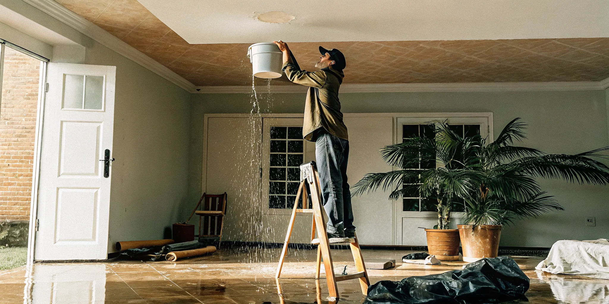 Homeowner safely containing an emergency roof leak indoors