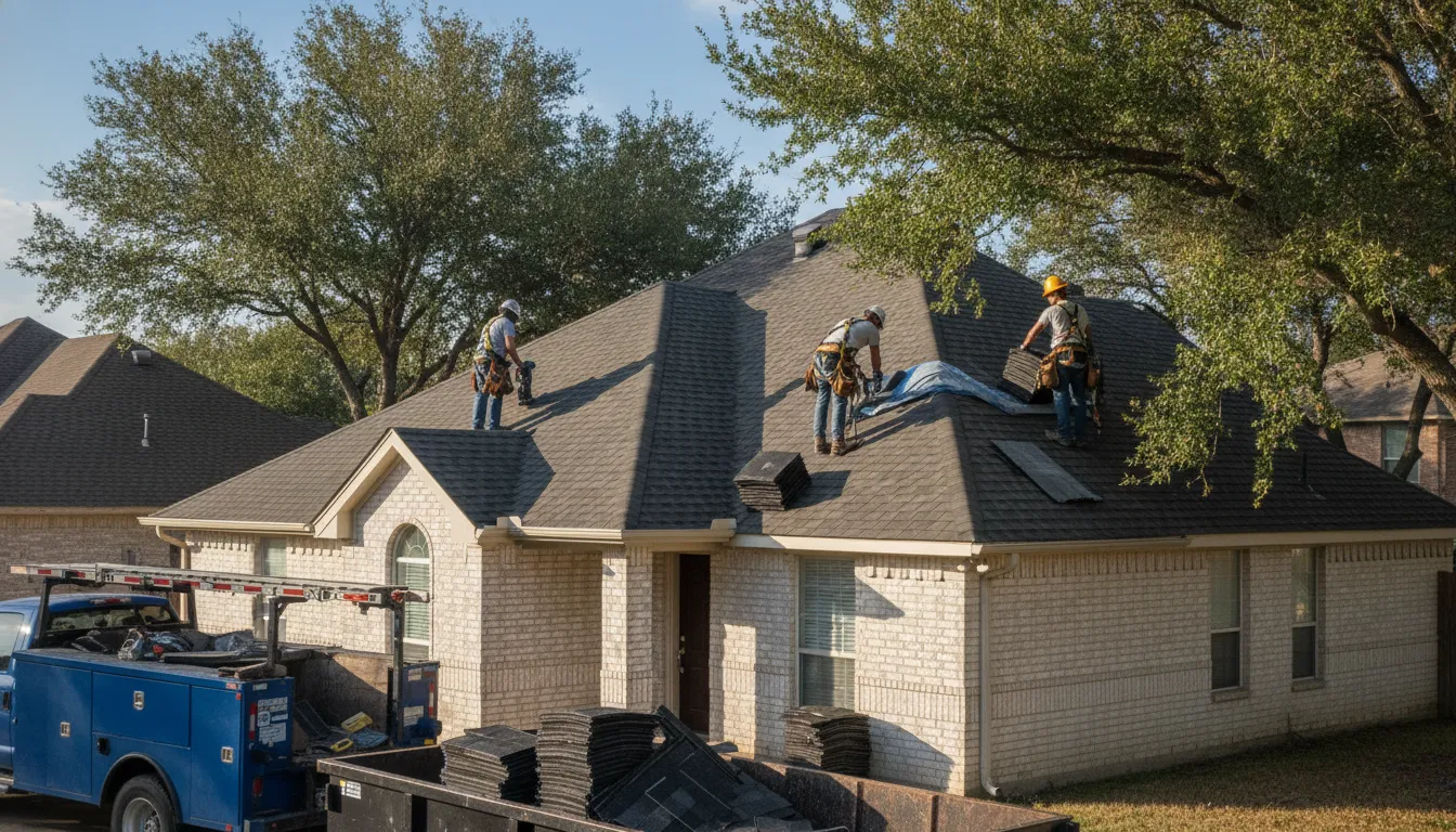 Roofer installing asphalt shingles on a Texas home roof