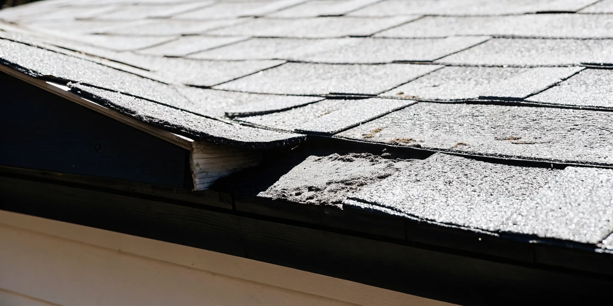 Close-up of curled and blistered asphalt shingles on a Houston home showing heat damage from extreme Texas sun