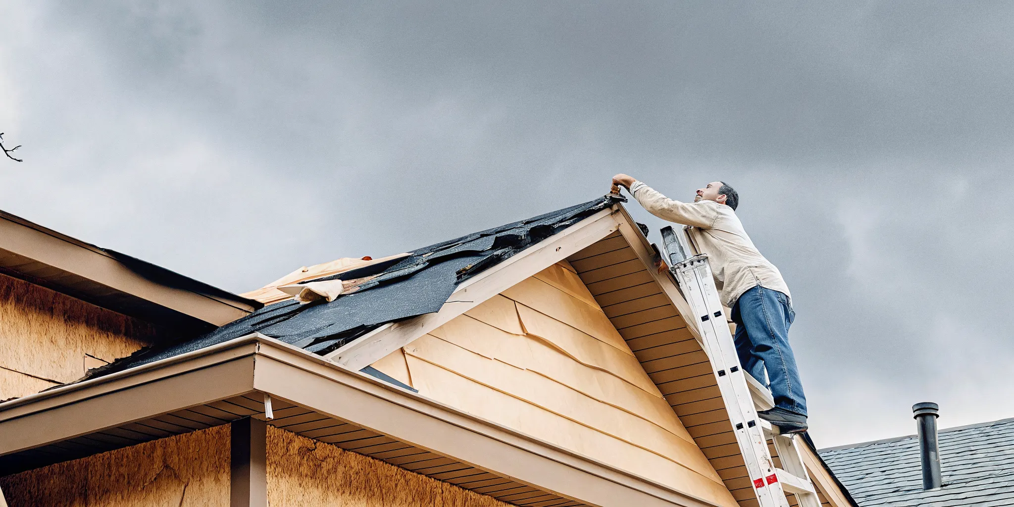 Roofing professional checking visible storm damage during an after storm roof inspection