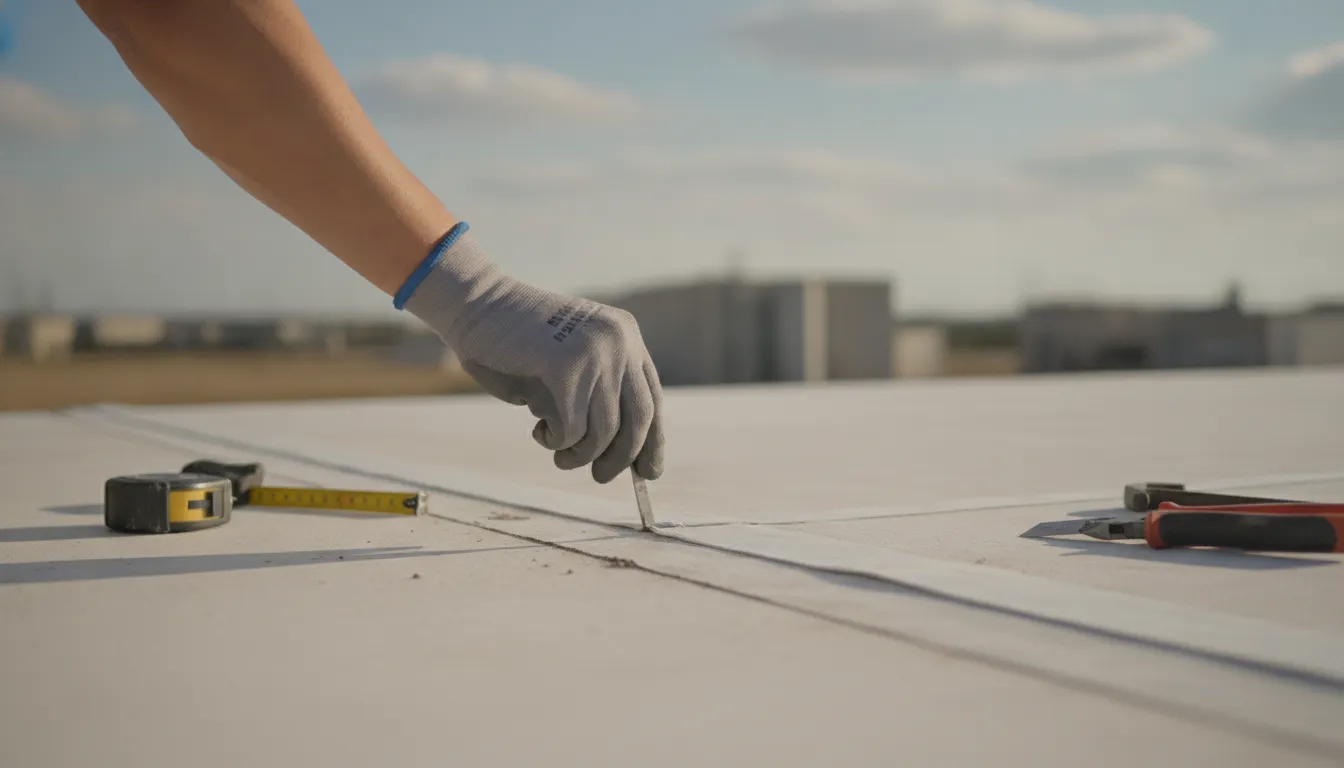 Professional inspecting a commercial roof seam and flashing detail