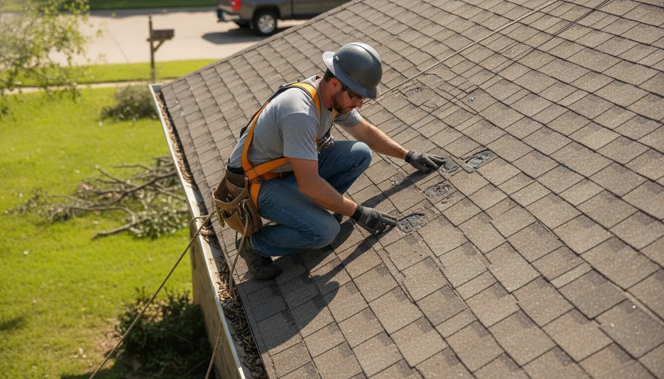 Roofing contractor in a safety harness inspecting hail-damaged asphalt shingles on a Texas home
