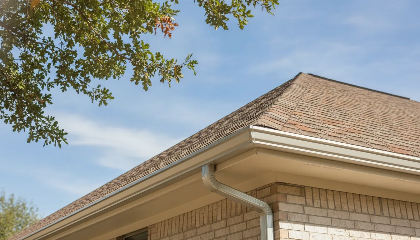 Seamless aluminum gutters installed along the roofline of a Texas home