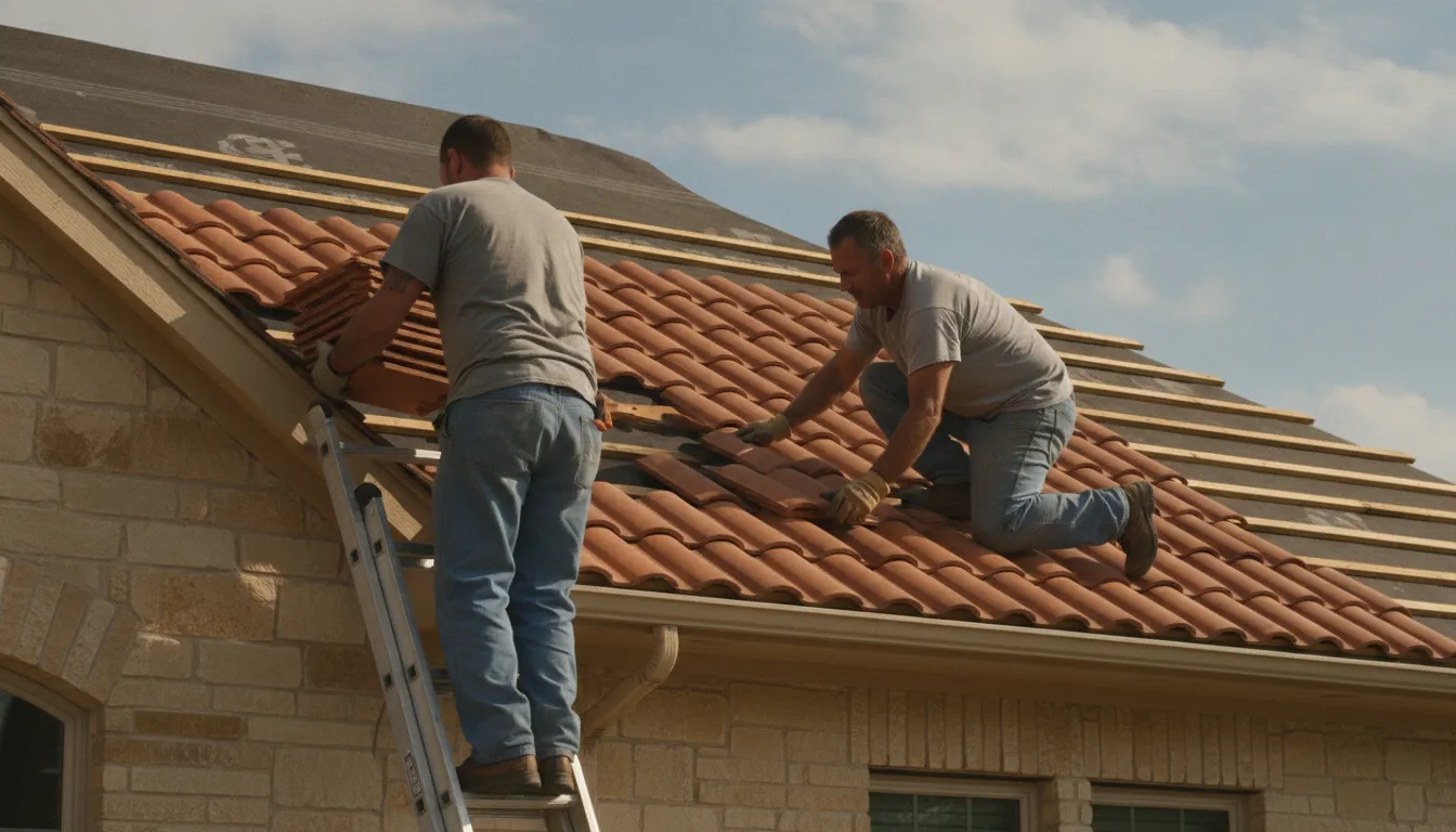 Roofing contractor placing clay tiles in even rows on a Texas tile roof deck