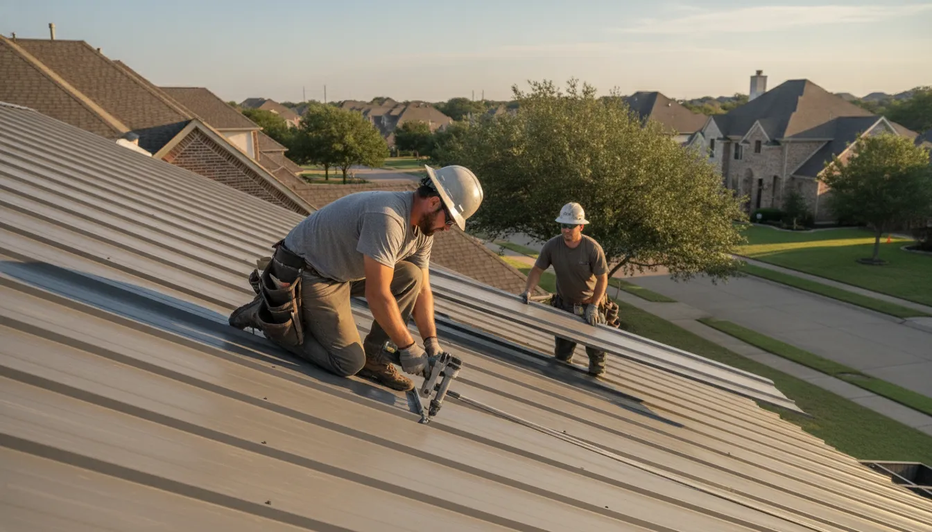 Contractor installing metal roofing panels on a residential roof