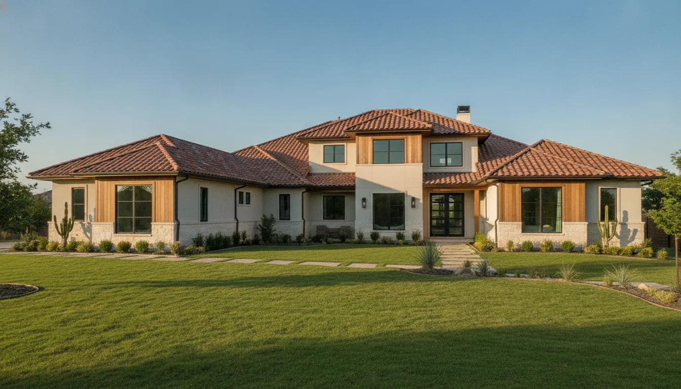 Finished terracotta clay tile roof on a modern two-story Texas home