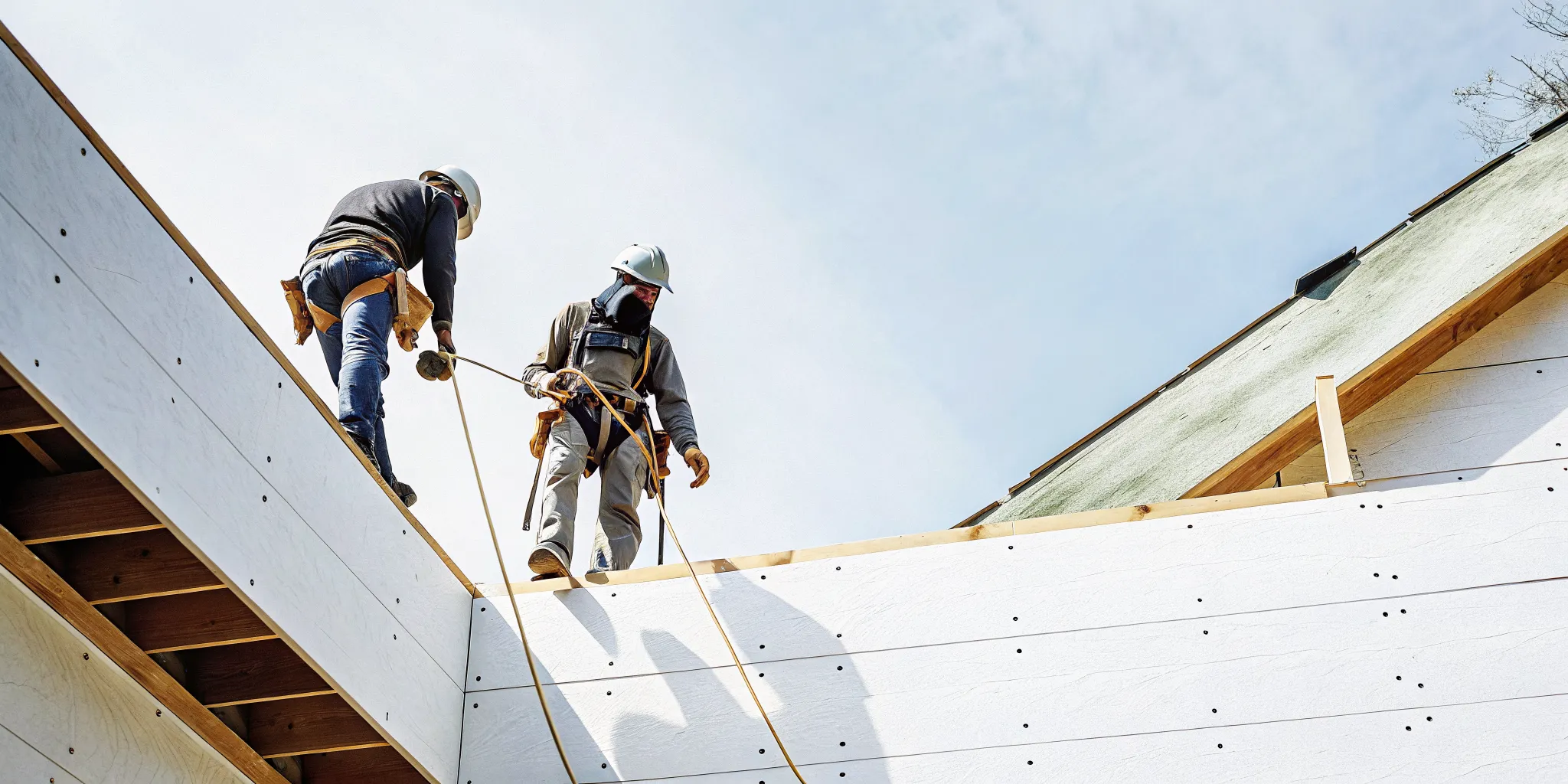 Roofers fitting rigid foam insulation boards between rafters