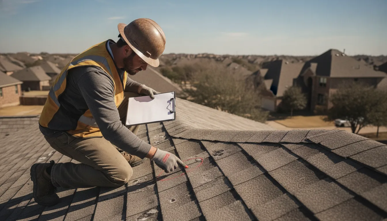 Roofing contractor marking hail-damaged shingles on a sloped residential roof