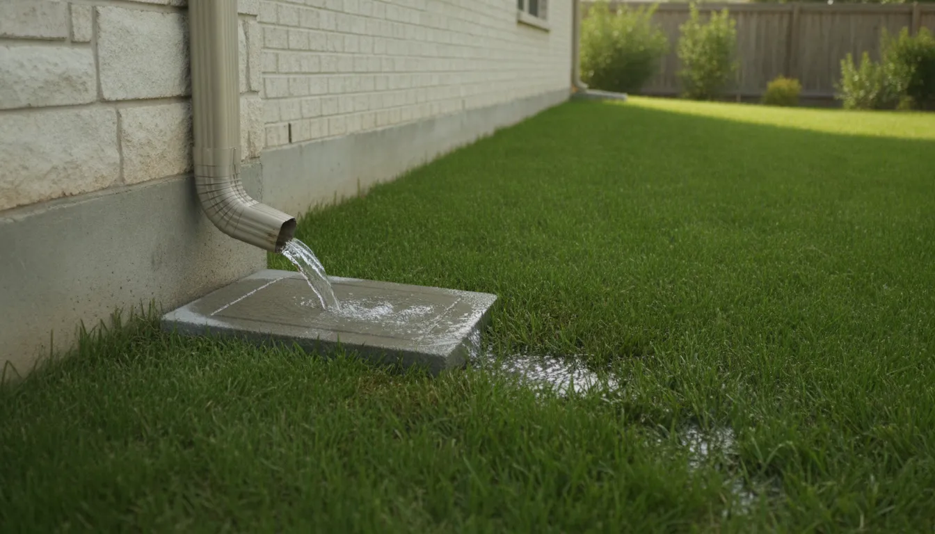 Downspout directing rainwater away from a home foundation