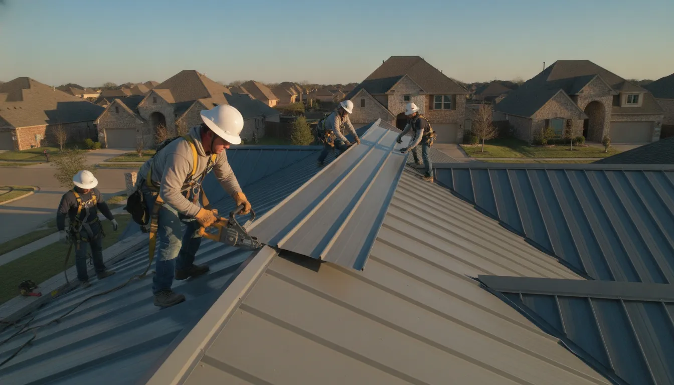 Roofing crew installing metal panels on a residential standing seam metal roof